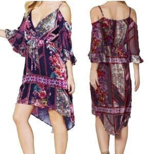 Venus‎ Bohemian Floral High Low Cold Shoulder Dress L Ox Blood Velvet Burnout